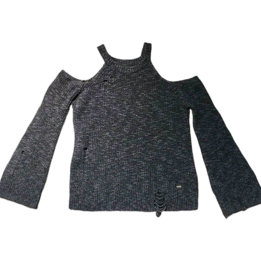 American Eagle Cold Shoulder Sweater Gray Knit Distressed Womens M Cozy EUC